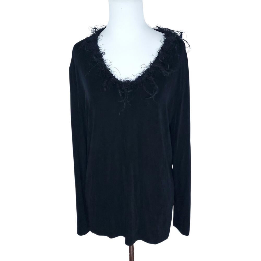 Chico's Travelers Sz 3 Black Top Long Sleeve Soft Fuzzy Neck Trim Chicos XL 16